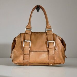 Michael Kors Vintage Tan Leather Brookville Medium Bowling Bag Satchel